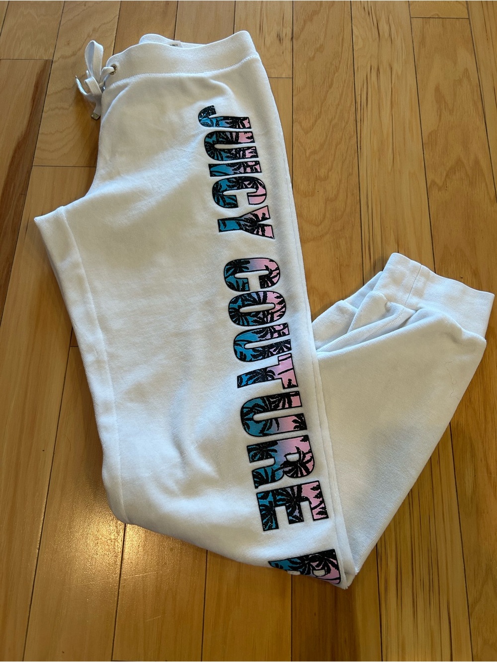 Juicy Couture White Velour Pants with Blue and Pink Logo Print, Women’s Small.